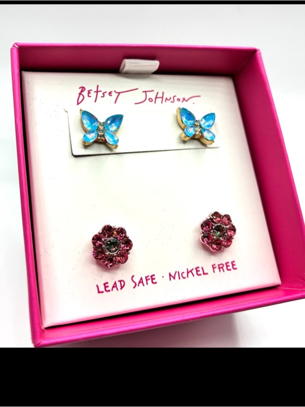 Betsey Johnson 2 Pair Stud Earring Blue Butterfly And Pink Flower Set NIB